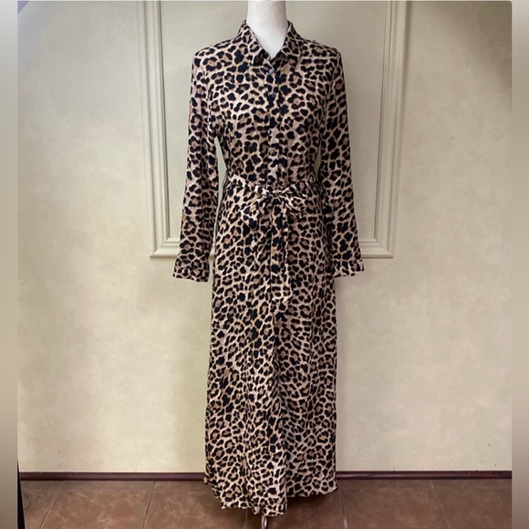 Zara Animal Print Midi Button-Front Belted Shirt Dress - Picture 4 of 8